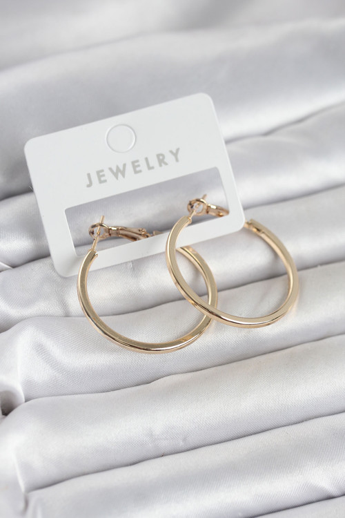 Pirinç Köşeli Kenar Halka 32 mm Kadın Küpe (Gold Renk)