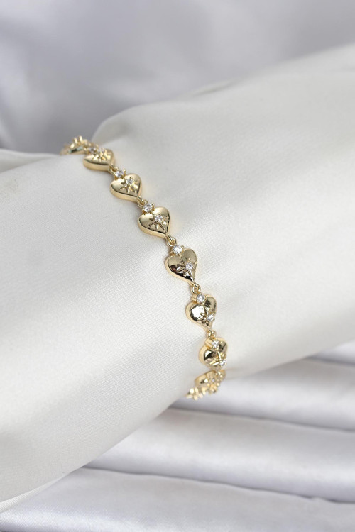 Pirinç Kalpli Kutup Yıldızı İşleme Kadın Bileklik (Gold Renk)