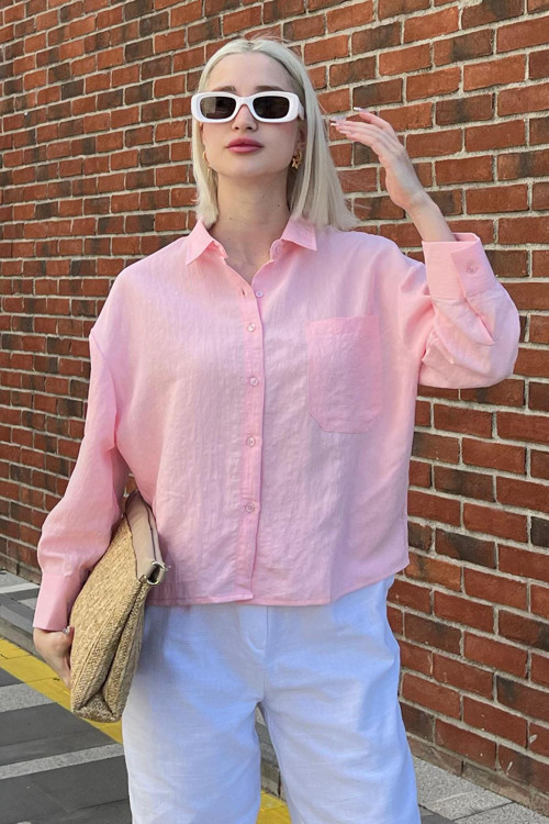 Pembe Çizgili Oversize Kadın Gömlek MG2093