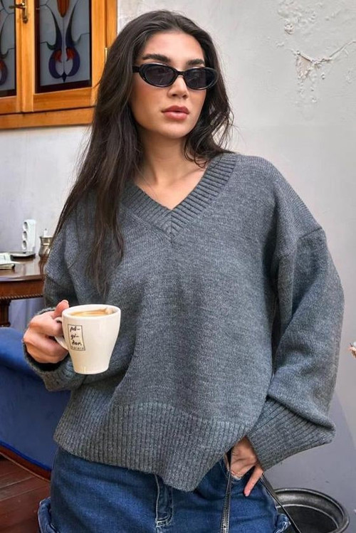 Antrasit V Yaka Oversize Kadın Triko Kazak MG2149