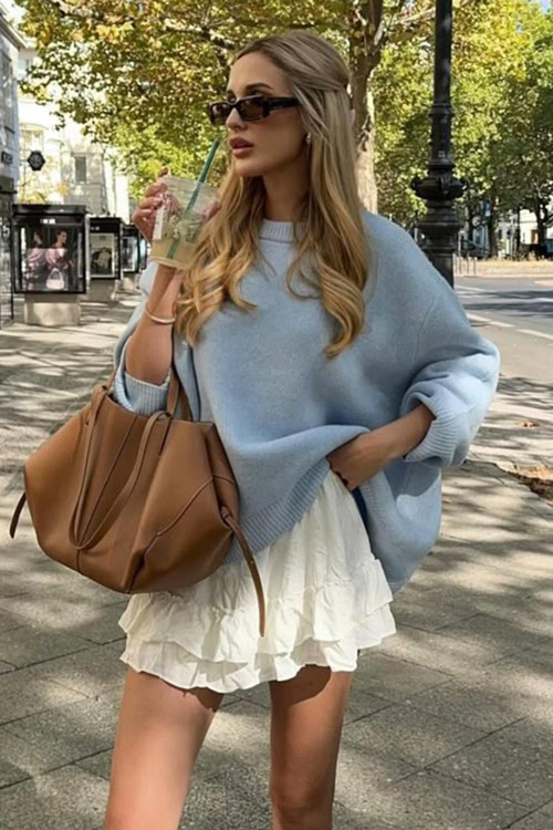 Bebe Mavisi Bisiklet Yaka Oversize Triko Kazak MG1972