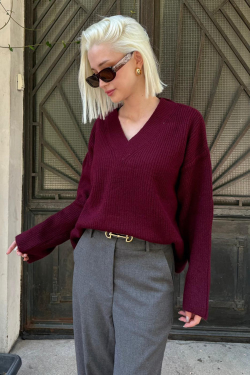 Bordo V Yaka Triko Kadın Kazak Mg2501