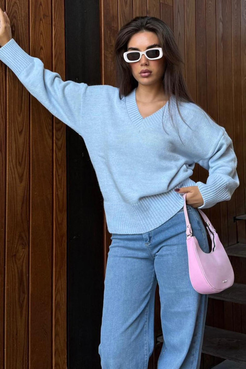 Bebe Mavisi V Yaka Oversize Kadın Triko Kazak MG2149