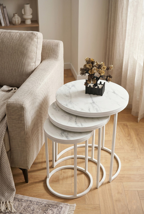 Dünya Zigon Mdf Sehpa 3'lü Set, Metal Ayak, İç İçe Geçebilir Marmo