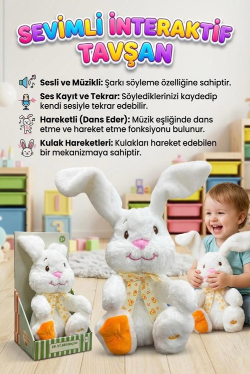 Sevimli Tavşan! Sesli Müzikli Dans Eden Ses Kayıtı Yapıp Taklit Eden Hareketli Kulaklı Oyuncak Peluş