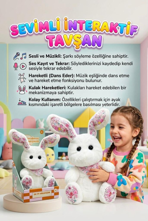 Tatlı Arkadaşım Tavşan! Müzikli Sesli Ses Kaydı ve Ses Tekrarı Yapan Hareketli Kulaklı Oyuncak Peluş
