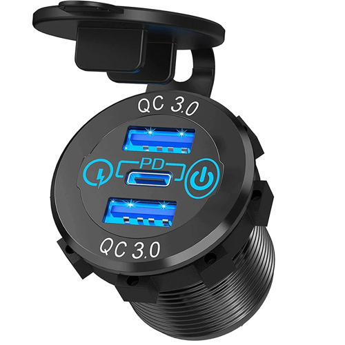 İki Usb Type-A + Bir Usb Type-C Şarj Cihazı (On - Off Anahtarlı Mavi Işıklı)   DC12V/24V     5V 3A/9V 2A/12V 1,5A   Max.