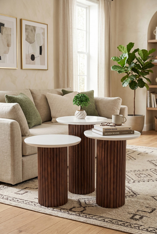Oslo Yuvarlak Cilalı MDF Zigon Sehpa 3'lü Set, Ahşap Ayak Ceviz