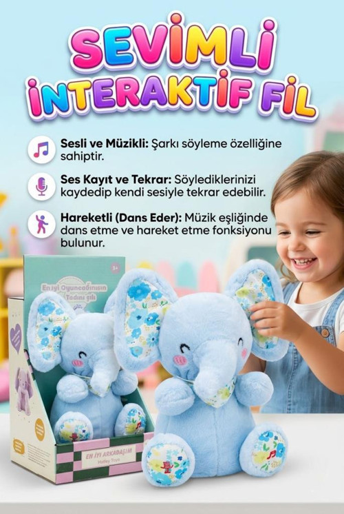 Sevimli Fil Sesli Müzikli Hareketli Kulaklı Ses Kaydeden ve Taklit Eden Dans Eden Oyuncak Peluş