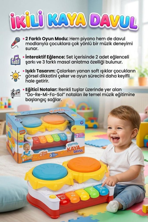 Piyanolu İkili Kaya Davul! Işıklı Sesli Müzikli Masal Anlatan Şarkı Çalan Eğitici Oyuncak Enstrüman