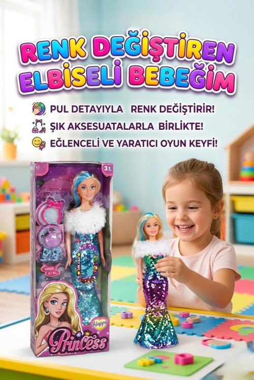 Happy Princess Renk Değiştiren Pullu Elbiseli Oyuncak Bebek - 30 cm - Aksesuarlı Modaya Uygun Bebek TURKUAZ