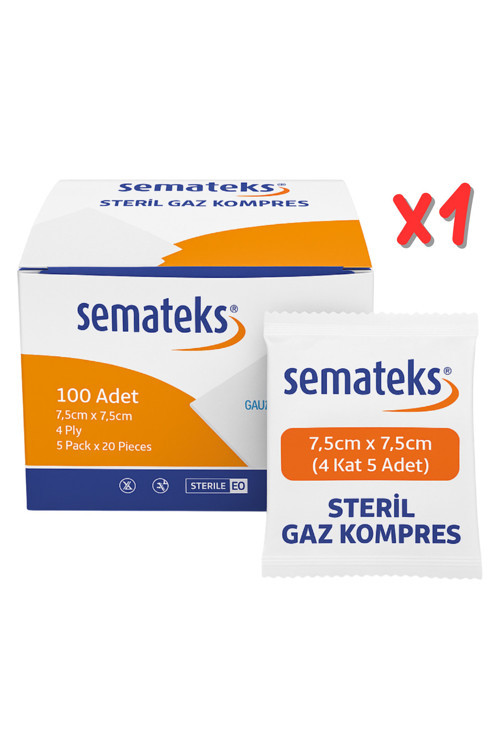 Steril Pamuklu Dokuma Gaz Kompres Gazlı Bez | 7,5cm x 7,5cm | 4 Katlı | 100'LÜ (5'li Zarf x 20) Klasik