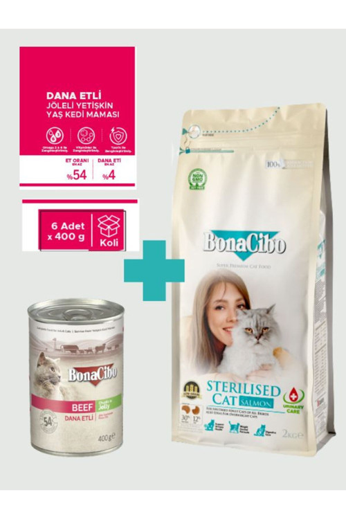 Sterilised Somonlu Kedi Maması 2 Kg & Sığır Etli Soslu Konserve Seti (6x400 gr)