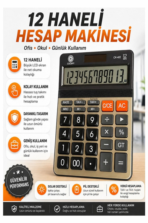 Hesap Makinesi 12x17 cm 1 Adet Cockpıt Ck-402 12 Haneli Orta Boy Ofis Büro Masaüstü Hesap Makinası İşyeri