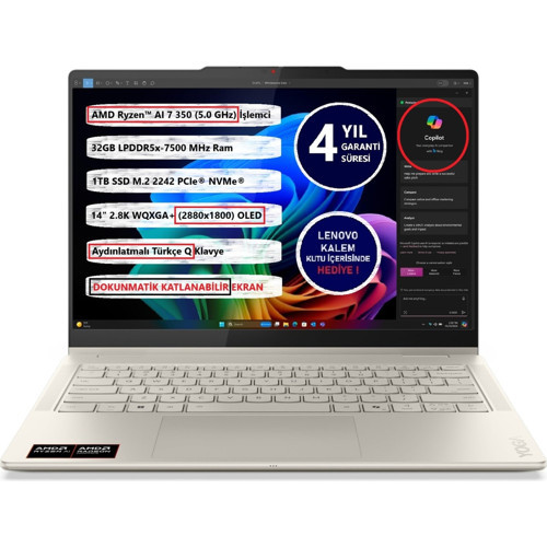 Yoga 7 2-In-1 14AKP10 Amd Ryzen Aı 7 350 32GB Ram 1tb SSD 14" Freedos 83JR004PTR Dokunmatik Bilgisayar