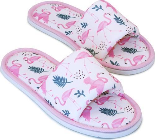 Kadın Beyaz Flamingo Desenli Önü Açık Yumuşak Tabanlı Ev Terlik