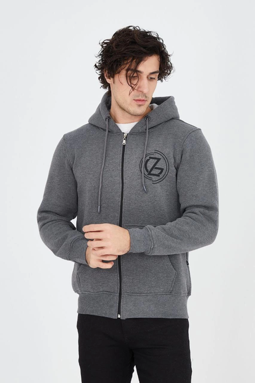 Erkek 3 İplik Pamuklu Fermuarlı Kapüşonlu Kanguru Cepli Baskılı Hoodie Hırka Sweatshirt - Fü
