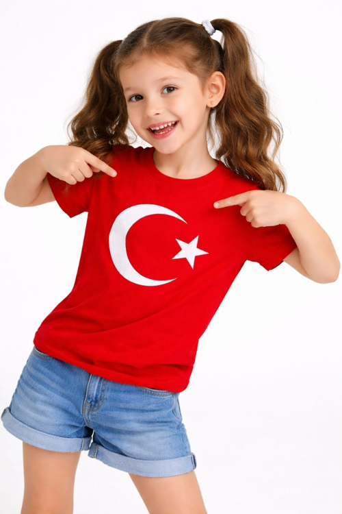 Kız Çocuk Tişört Bisiklet Yaka Ay Yıldız Bayrak Baskılı T-Shirt - Kırmızı