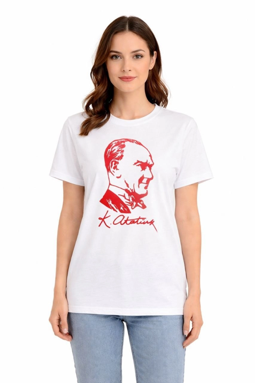 Kadın Atatürk Baskılı Tişört Kısa Kollu Bisiklet Yaka T-Shirt - Beyaz