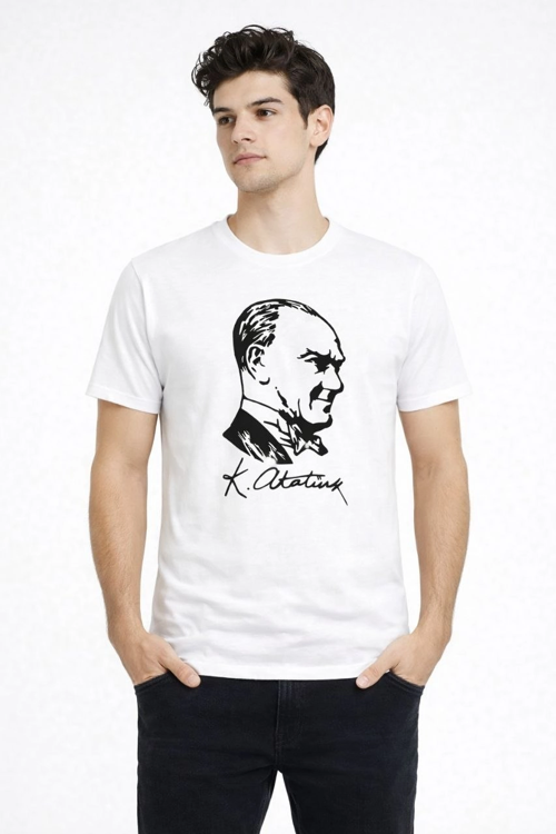 Erkek Atatürk Baskılı Tişört Kısa Kollu Bisiklet Yaka T-Shirt - Beyaz
