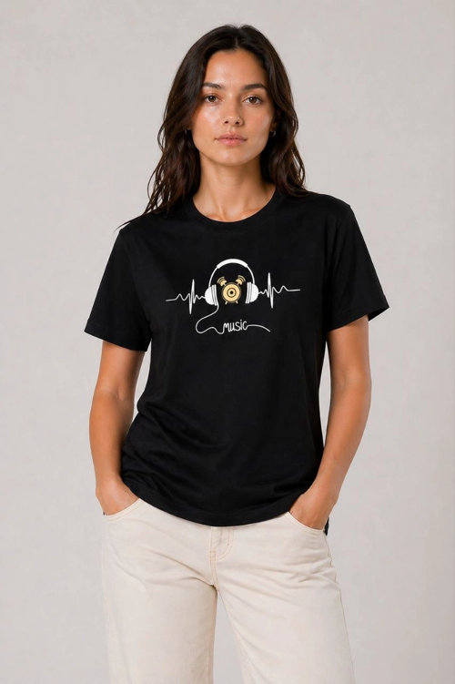 Kadın Müzik Temalı Baskılı Tişört Bisiklet Yaka Kısa Kol T-Shirt - Siyah