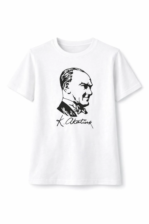 Erkek Çocuk Atatürk Baskılı Tişört Kısa Kollu Bisiklet Yaka T-Shirt - Beyaz