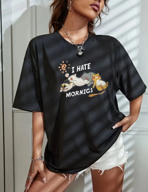Kadın Tişört Bisiklet Yaka Baskılı Oversize T-Shirt - Siyah