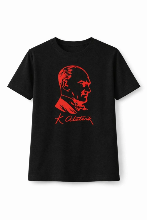 Kız Çocuk Atatürk Baskılı Tişört Kısa Kollu Bisiklet Yaka T-Shirt - Siyah
