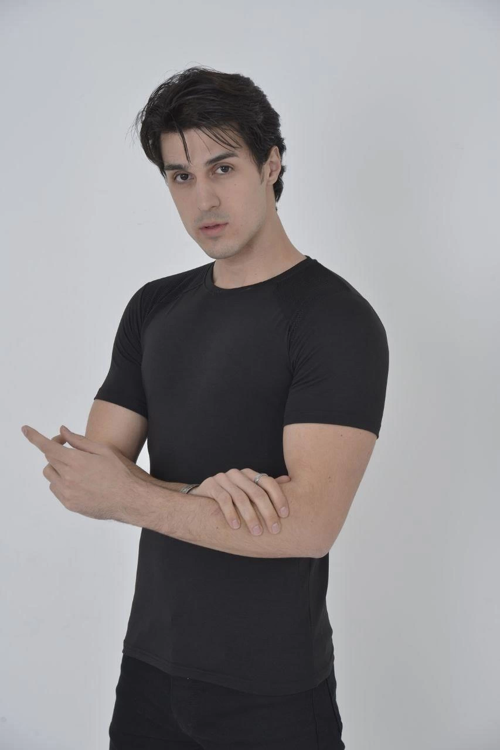 Erkek Omuz Fileli T-Shirt Kısa Kol Bisiklet Yaka Slimfit Tişört - Siyah