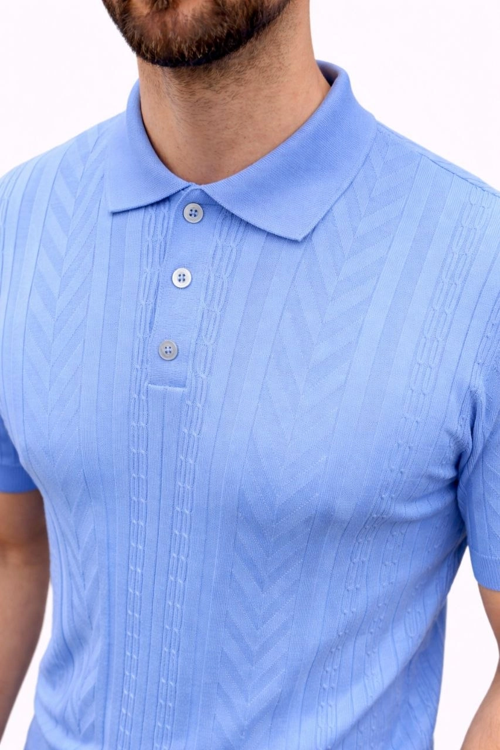 Erkek Yazlık Triko Tişört Kısa Kol Polo Yaka Düğmeli T-Shirt - Bebek Mavisi
