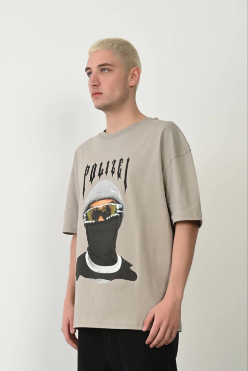 Erkek Baskılı T-Shirt Kısa Kol Bisiklet Yaka Rahat Kalıp Tişört - Boyalı Gri