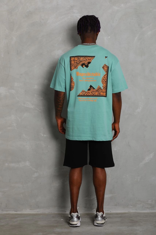 Erkek Baskılı Tişört Kısa Kol Bisiklet Yaka Oversize T-Shirt - Mint Yeşili
