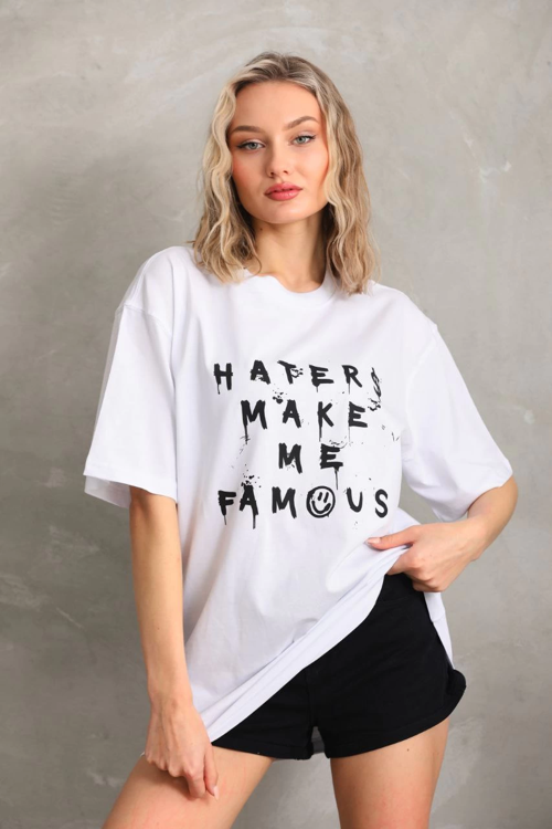 Kadın ön ve arka Baskılı Oversize Kısa kol T-Shirt - Beyaz