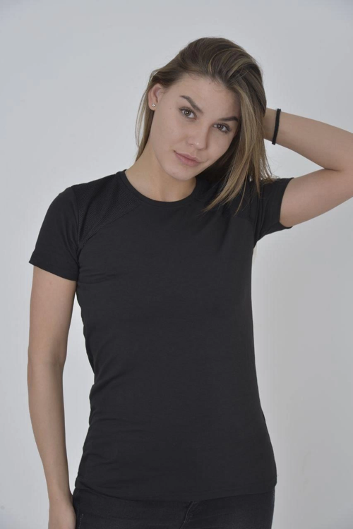 Kadın Omuz Fileli T-Shirt Kısa Kol Bisiklet Yaka Slimfit Tişört - Siyah