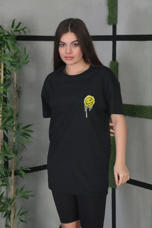 Kadın Bisiklet Yaka Baskılı Kısa kol Oversize T-Shirt - Siyah