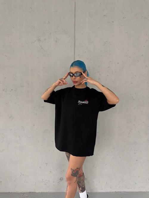 Kadın Bisiklet Yaka Baskılı kısa kol Oversize T-Shirt - Siyah