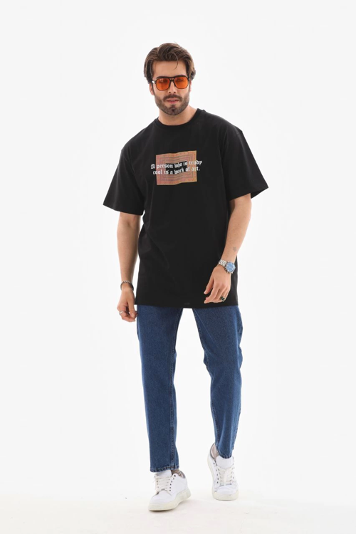 Erkek Baskılı T-Shirt Kısa Kol Bisiklet Yaka Regular Fit Rahat Kalıp Tişört - Siyah