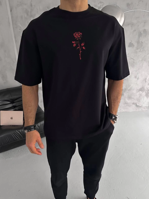 Erkek Bisiklet Yaka Baskılı Oversize Kısa kol T-Shirt - Siyah
