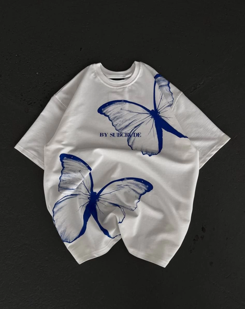 kadın Bisiklet Yaka Baskılı Oversize T-Shirt - Beyaz