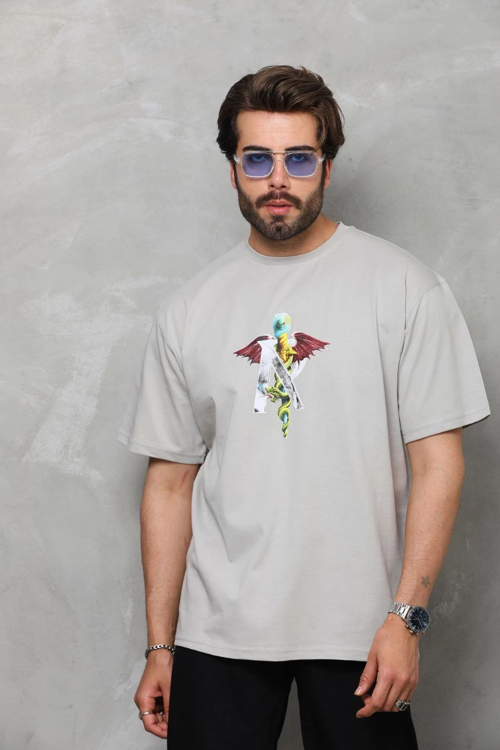 Erkek Baskılı T-Shirt Kısa Kol Bisiklet Yaka Regular Fit Rahat Kalıp Tişört - Gri