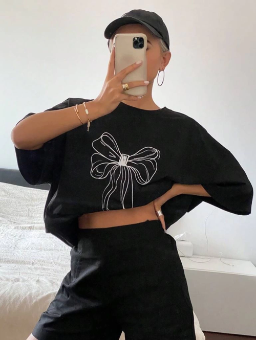 Kadın Fiyonk Baskılı T-Shirt Kısa Kol Bisiklet Yaka Oversize Tişört - Siyah