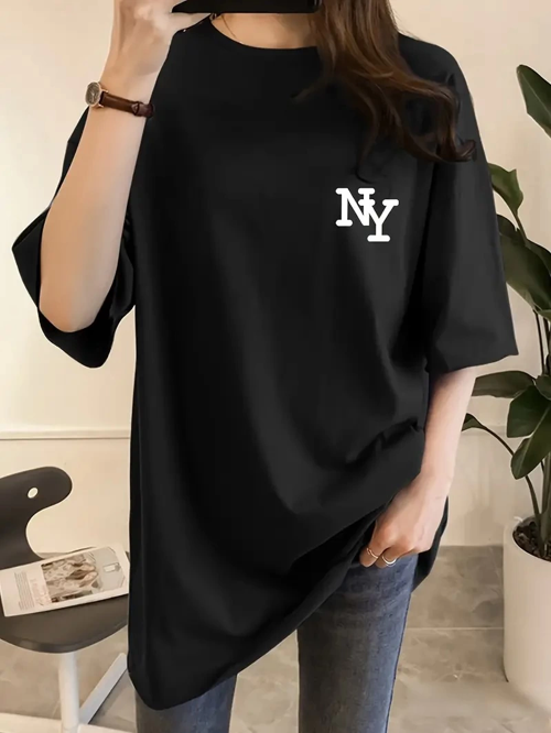 Kadın T-shirt Bisiklet yaka NY Baskılı kısa kol Tişört - Siyah
