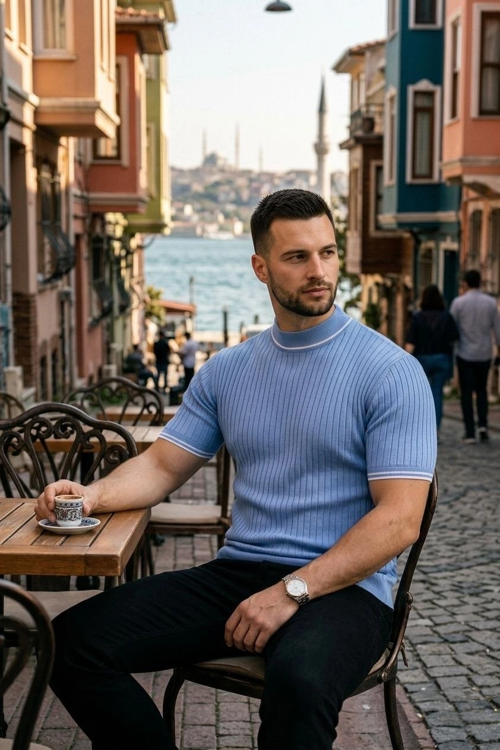 Erkek Fitilli Triko Dokuma Kısa Kol Tişört Yarım Boğaz Modern Yazlık T-Shirt - Bebe Mavisi