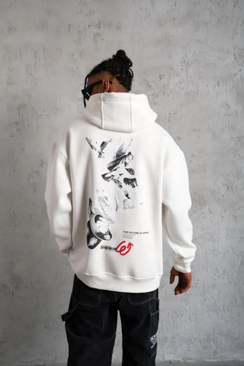 Erkek 3 İplik Pamuklu Kapüşonlu Baskılı Cepli Oversize Sweatshirt Hoodie - Beyaz