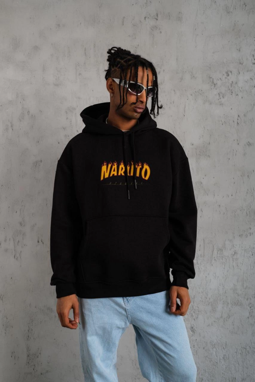 Erkek Baskılı Kapüşonlu 3 iplik pamuklu hoodie Sweatshirt - Siyah