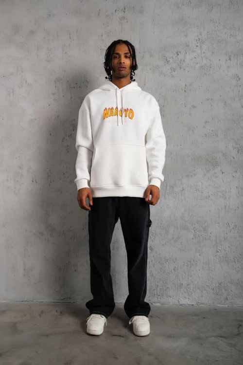 Erkek Baskılı Kapüşonlu 3 iplik pamuklu hoodie Sweatshirt - Beyaz