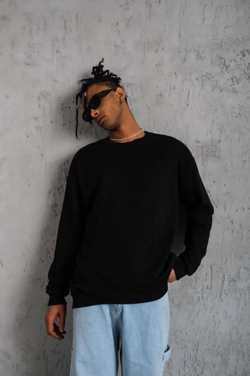 Erkek Bisiklet Yaka Baskılı 3 İplik Pamuklu Sweatshirt - Siyah