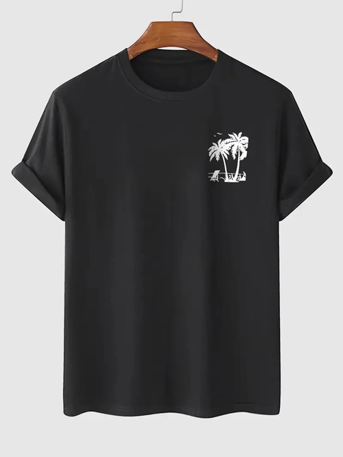 Erkek Kısa Kol Yazlık Tişört Bisiklet Yaka Palmiye Baskılı T-Shirt - Siyah
