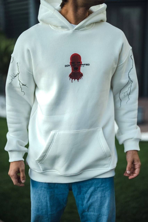 Erkek Kapüşonlu Kanguru Cepli Sweatshirt 3 İplik Pamuklu Baskılı Hoodie - Beyaz