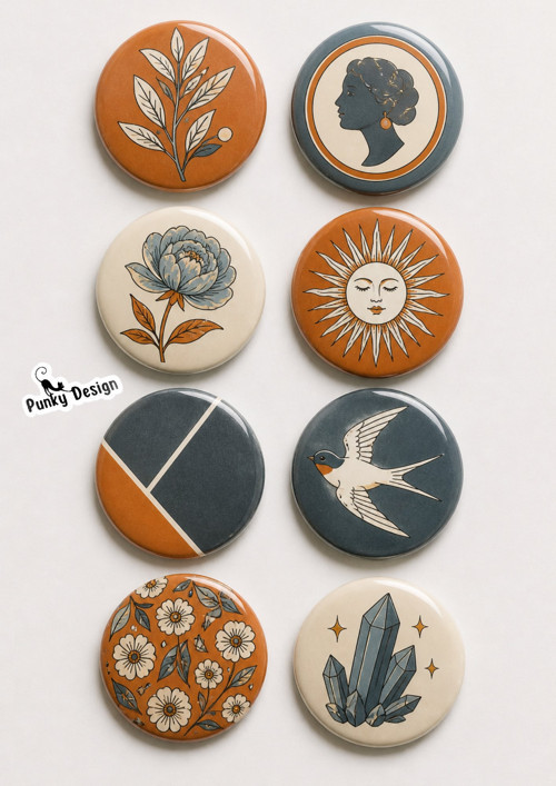 8’li Set-1 Vintage Bohem Tasarım Rozet 44 mm PVC Kaplı Çanta Ceket Yaka Aksesuarı